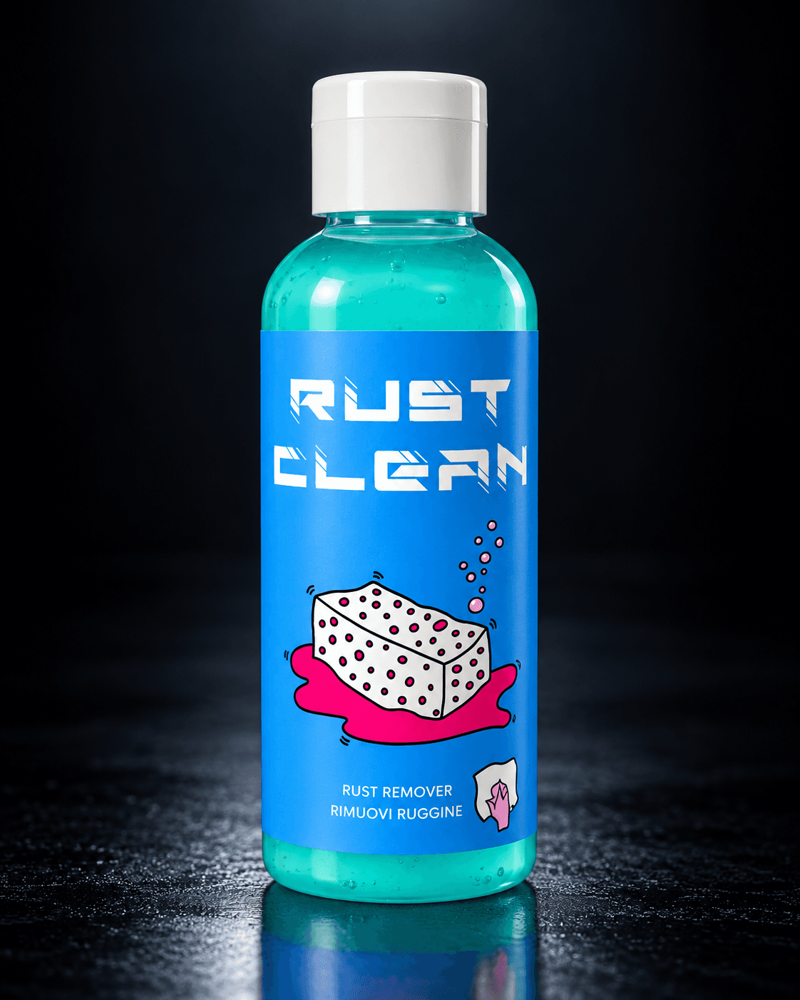 Flacone originale Rust Clean: tappo bianco, liquido turchese, etichetta blu con spugna