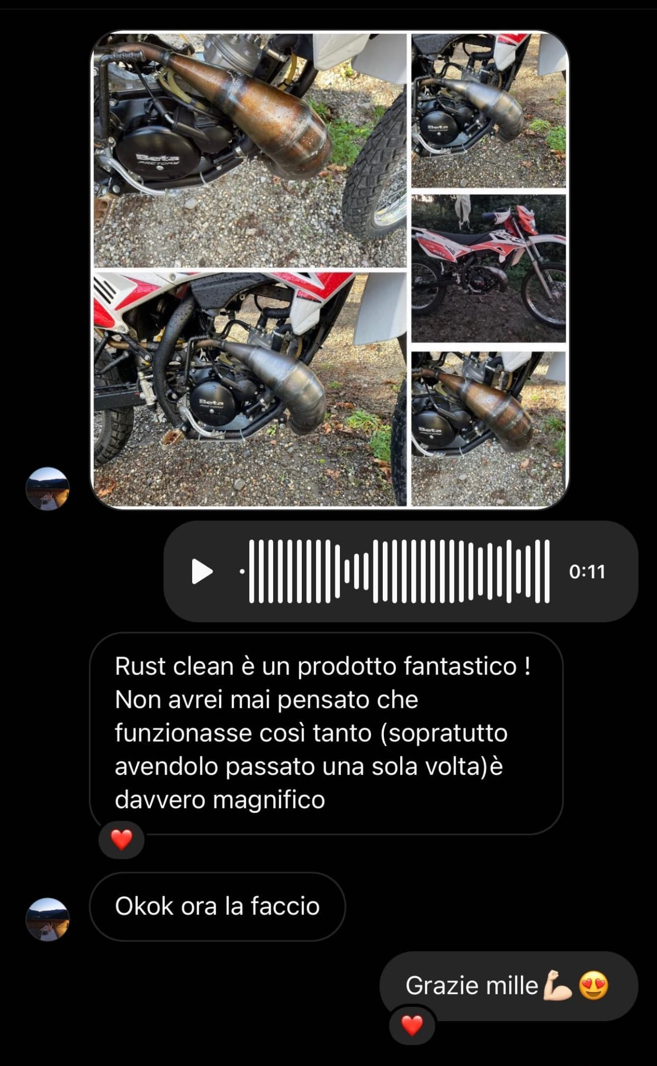 Conversazione Instagram con collage dello scarico e messaggio Rust clean è un prodotto fantastico