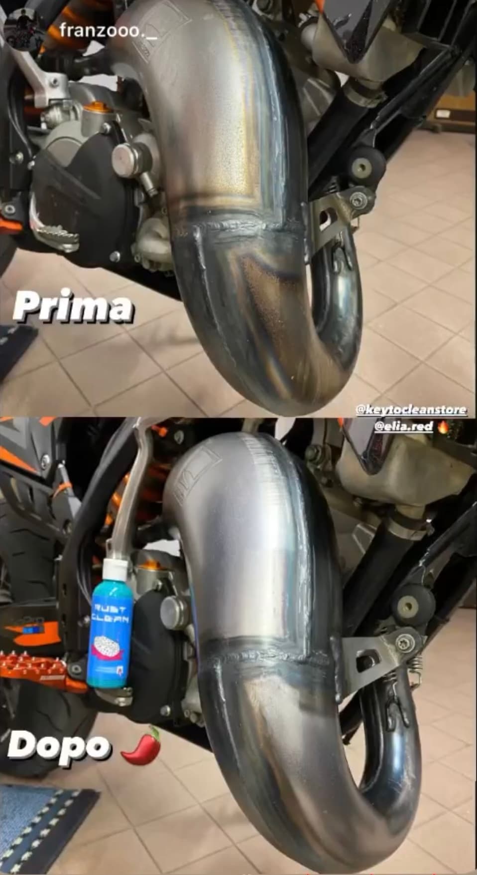 Storia Instagram con la stessa espansione prima e dopo il trattamento e flacone Rust Clean