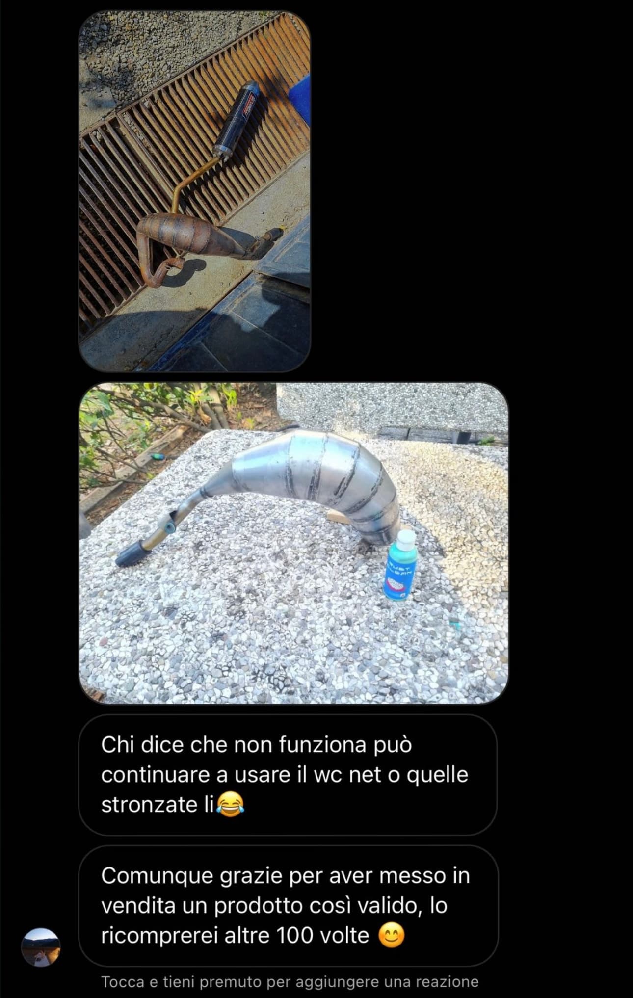 Conversazione Instagram con fotografie dello scarico e messaggio lo ricomprerei altre 100 volte